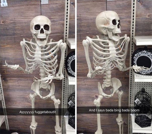 Skeletons posing humorously with text overlays; a hilarious Snapchat moment captured.