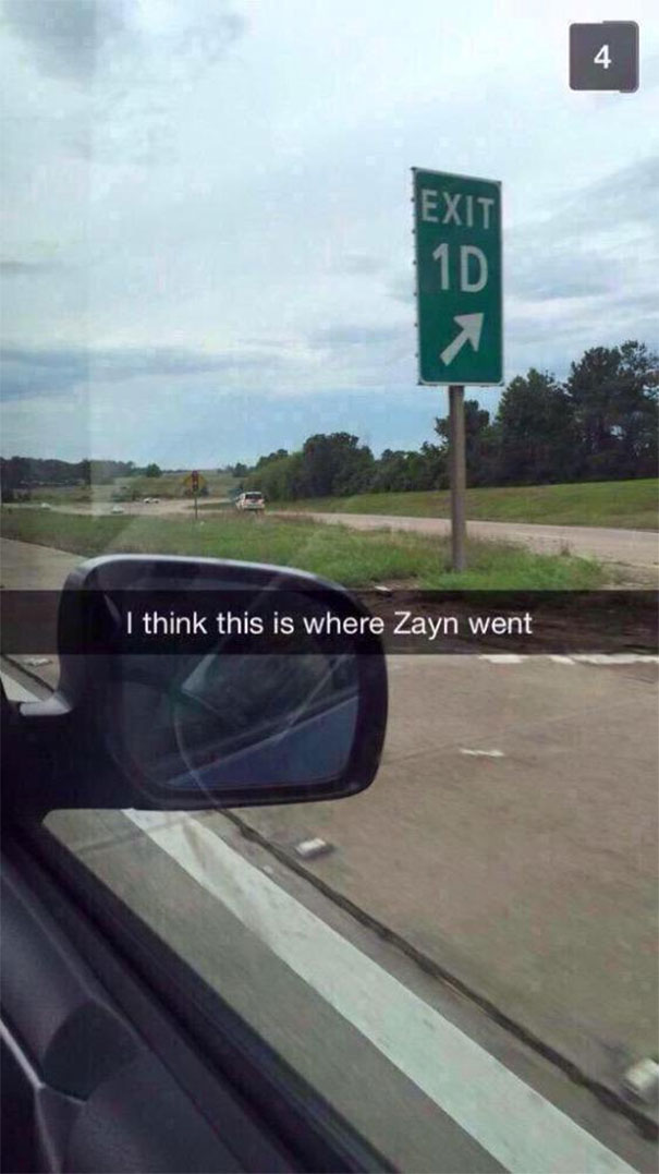 Funny Snapchat of a highway exit sign labeled "Exit 1D" with humorous caption about Zayn leaving.