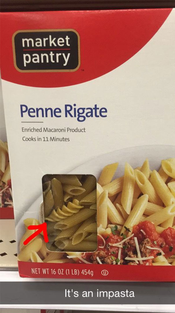 Snapchat showing a pasta box labeled "Penne Rigate" with a mix-up joke, highlighting the hilarious impasta moment.