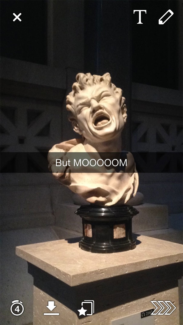 Statue of a dramatic expression with funny Snapchat caption, "But MOOOOM," highlighting hilarious moments.