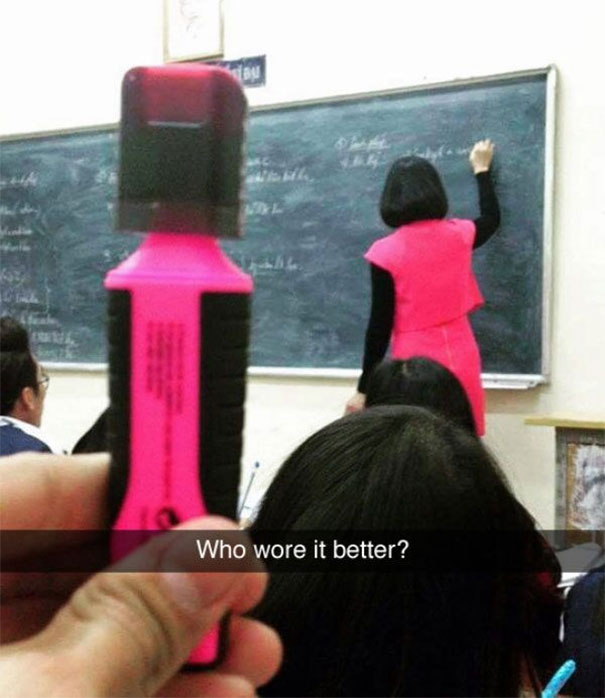 Pink highlighter compared to a teacher's outfit in a funny Snapchat.