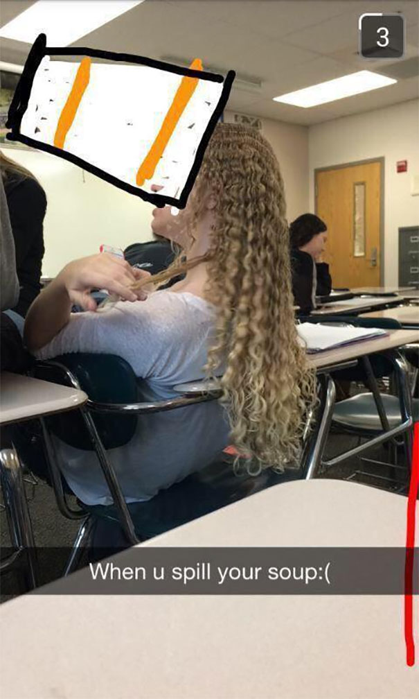 Funny Snapchat with a comically edited image of soup spilling on a student's back in a classroom.