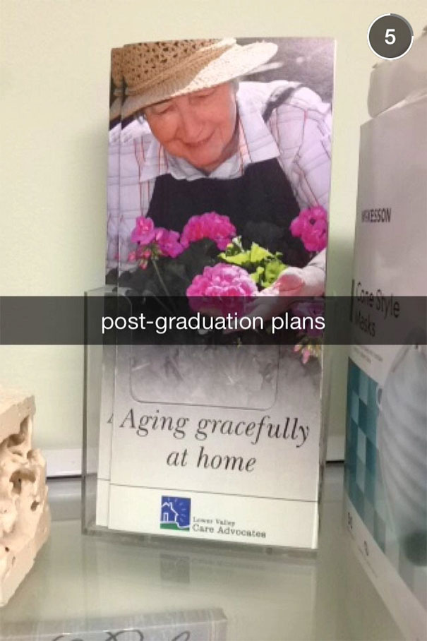 Elderly woman gardening, humorous Snapchat labeled "post-graduation plans" on a brochure.