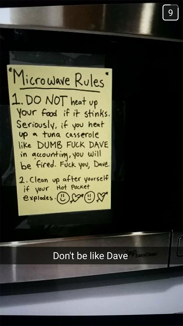Sticky note with funny microwave rules, highlighting hilarious Snapchats in a humorous office setting.