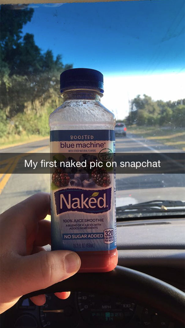 A funny Snapchat of a "Naked" juice bottle in a car with the caption "My first naked pic on Snapchat."