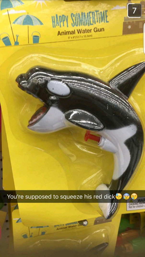 Hilarious Snapchat of orca-shaped water gun packaging with a humorous caption.