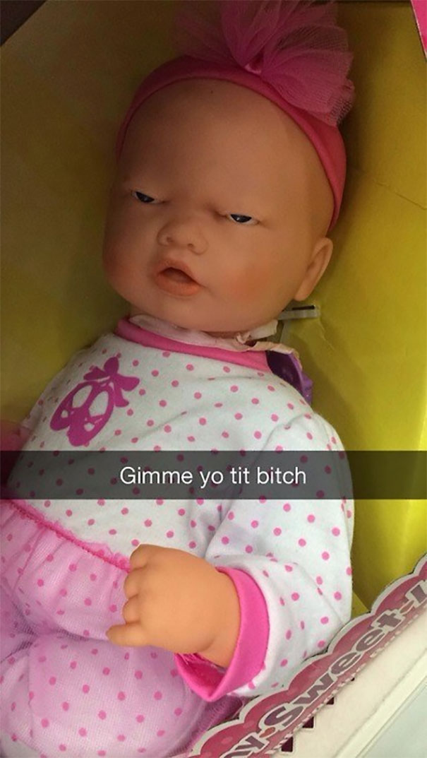 Funny Snapchat of a baby doll with a humorous caption, wearing a pink polka-dot outfit and headband.