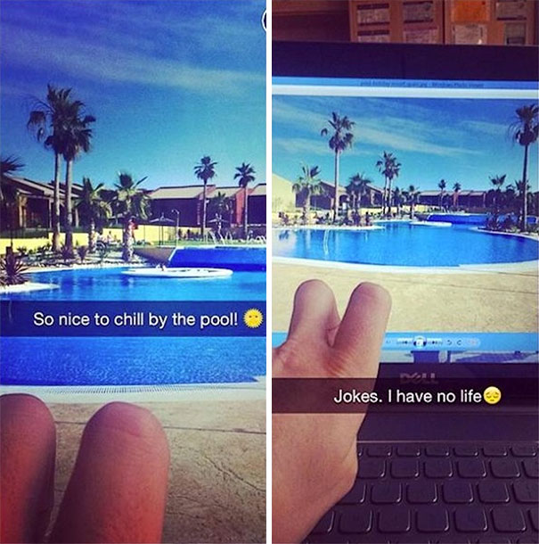 Hilarious Snapchat showing a fake poolside view with a caption about having no life.