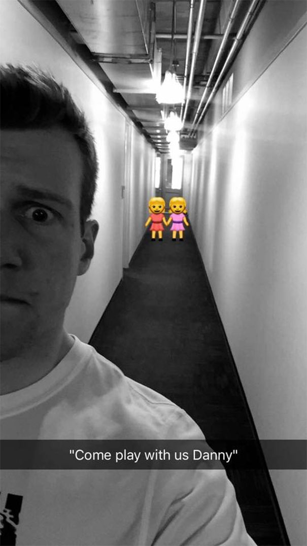 Hilarious Snapchat with a person in a hallway and ghost emoji, captioned "Come play with us Danny".