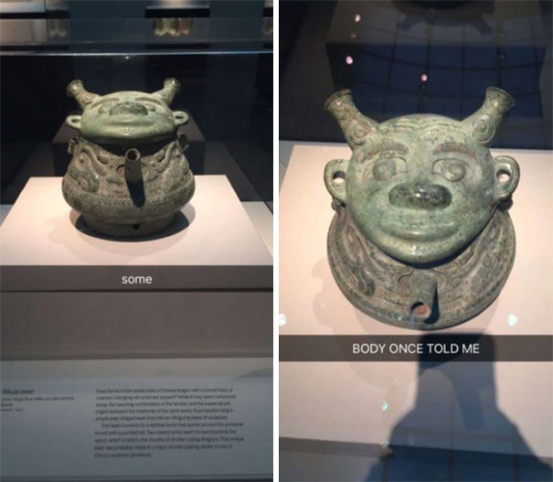Hilarious Snapchat of ancient artifact humorously resembling a modern character, captioned creatively.