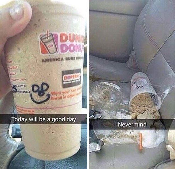 Dunkin' Donuts cup spills frozen drink on car seat; a hilarious Snapchat moment.