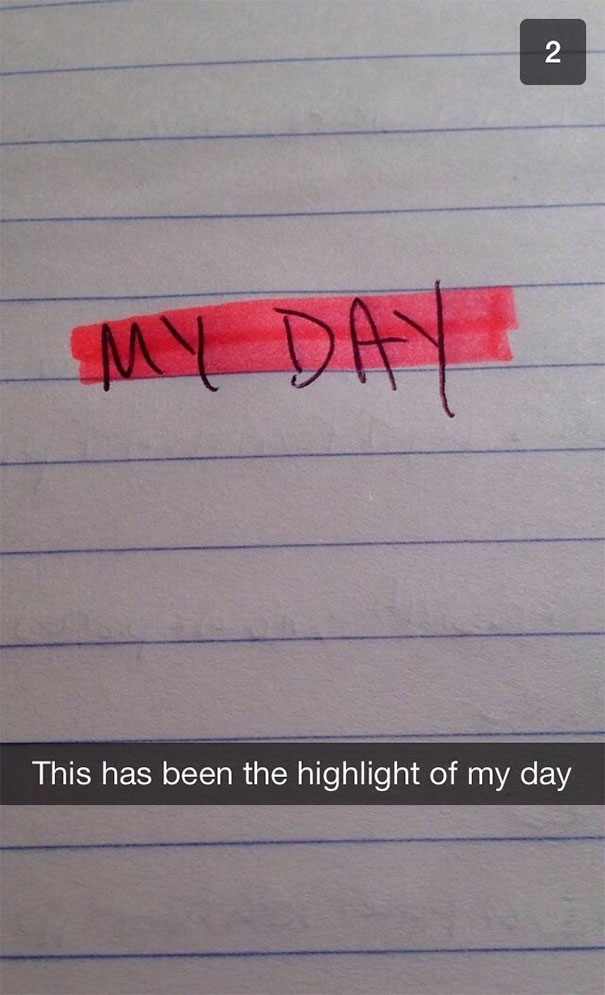 Snapchat image with "MY DAY" highlighted in pink, captioned as the highlight of the day.