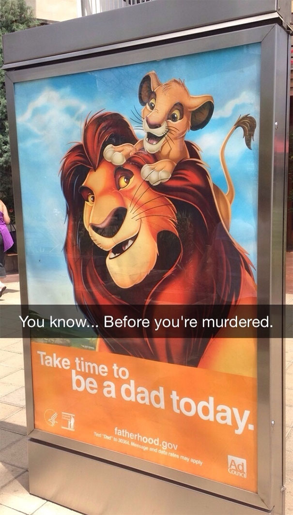 Funny Snapchat showing a Lion King poster with a humorous caption.