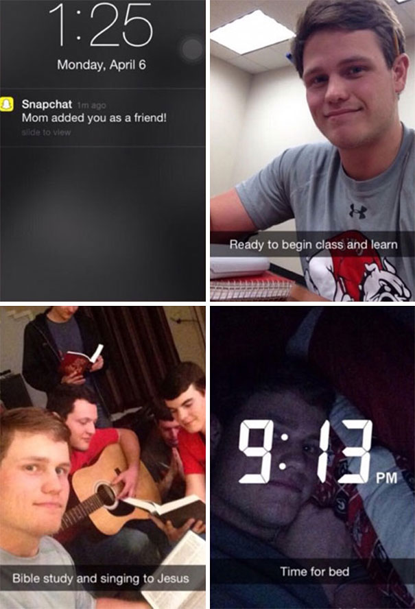 Four funny Snapchats showing daily life moments: receiving friend request, in class, bible study, and bedtime.