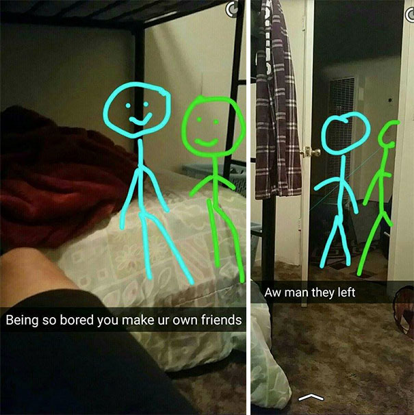 Hilarious Snapchat showing drawn stick figure friends on a bed and leaving through a door.