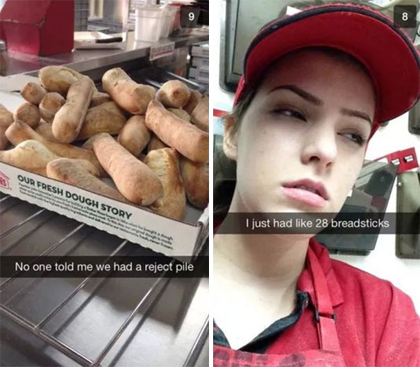 A worker in a red cap joking about eating breadsticks next to a pile of breadsticks labeled as rejects.