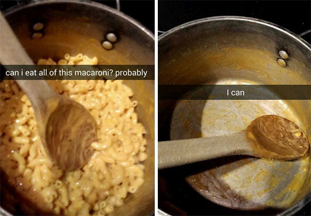 Empty pot after eating macaroni, with funny Snapchat text overlay.