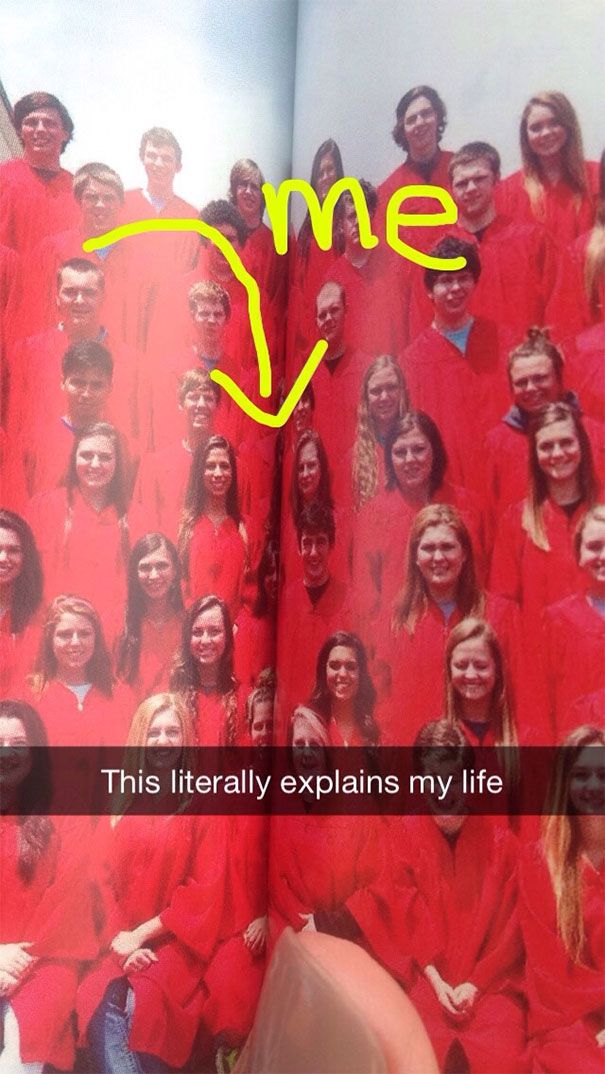 Funny Snapchat with a yellow arrow labeled "me" in a group photo of students in red gowns, captioned humorously.