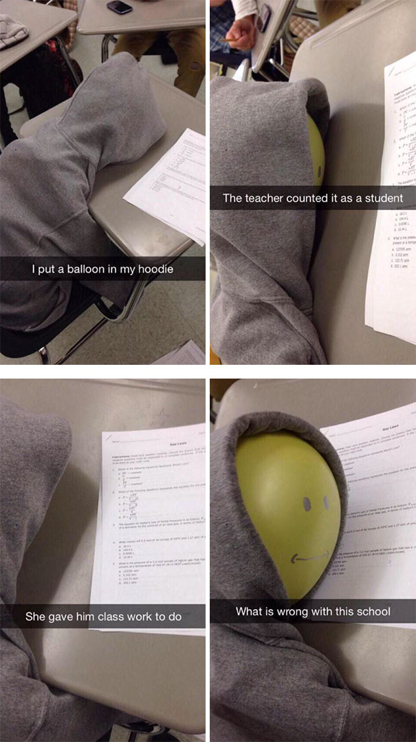 Balloon in hoodie prank counted as a student with classwork, Snapchat humor in a school setting.