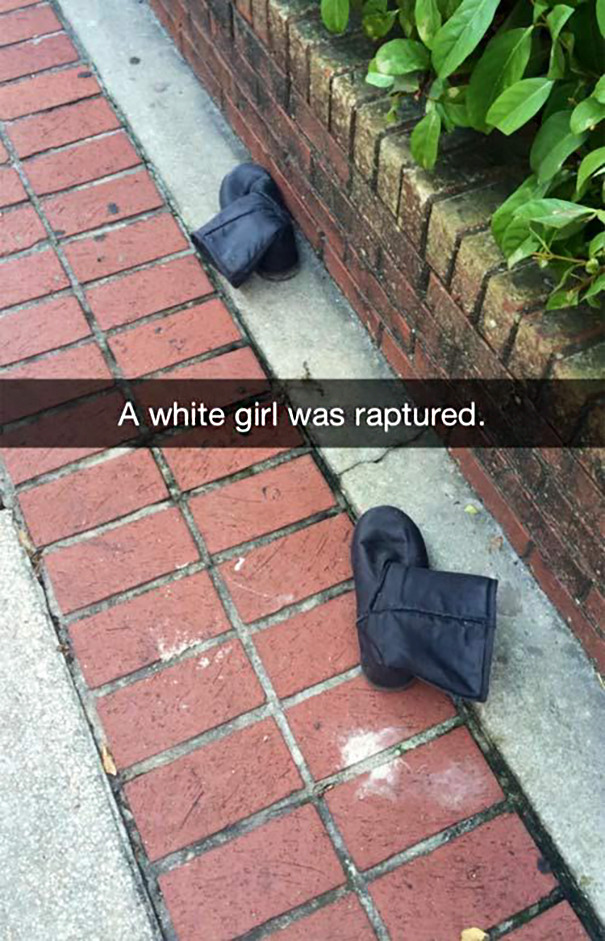 Hilarious Snapchat of shoes on bricks with funny caption about disappearance.