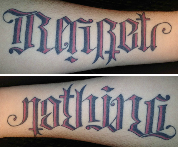 Ambigram tattoo on arm reading "Regret nothing," showcasing clever hidden meaning.