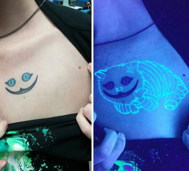 Tattoo with hidden meaning, showing a cat under blacklight, revealing clever design.