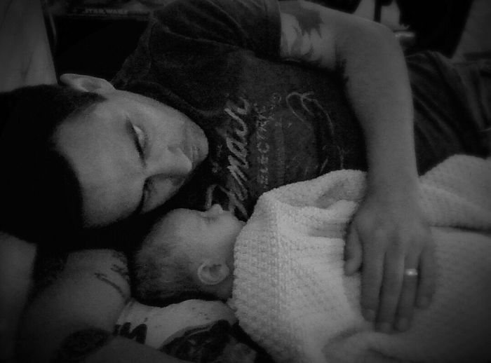 Hubby Napping With Our New Baby.