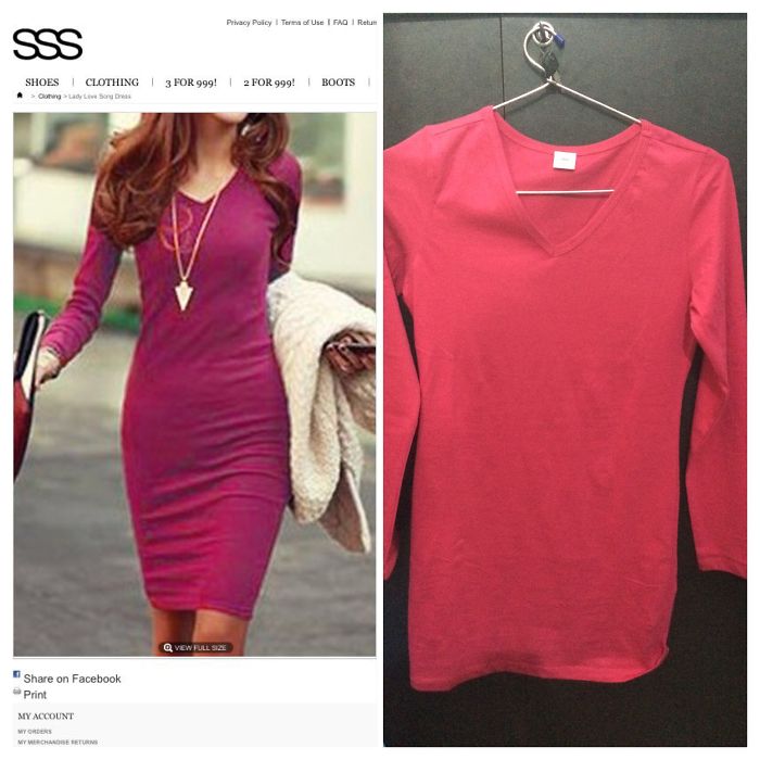 "Online purchase regret: expectation vs. reality with a pink dress."