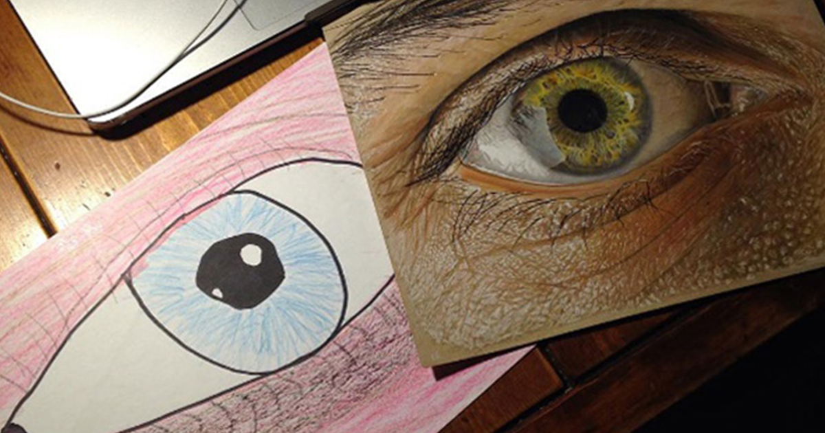 Before and after drawings showing the progress of an artist with a simple eye sketch and a realistic detailed eye artwork.