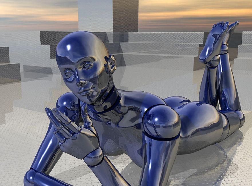 Futuristic chrome robot lying down, reflecting light, in a digital environment.