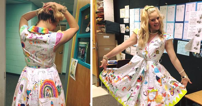 First-Grade Teacher Lets Students Draw On Her Dress For Last Day Of School