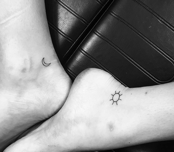 Small foot tattoo ideas with minimalist crescent moon and sun designs on white background.