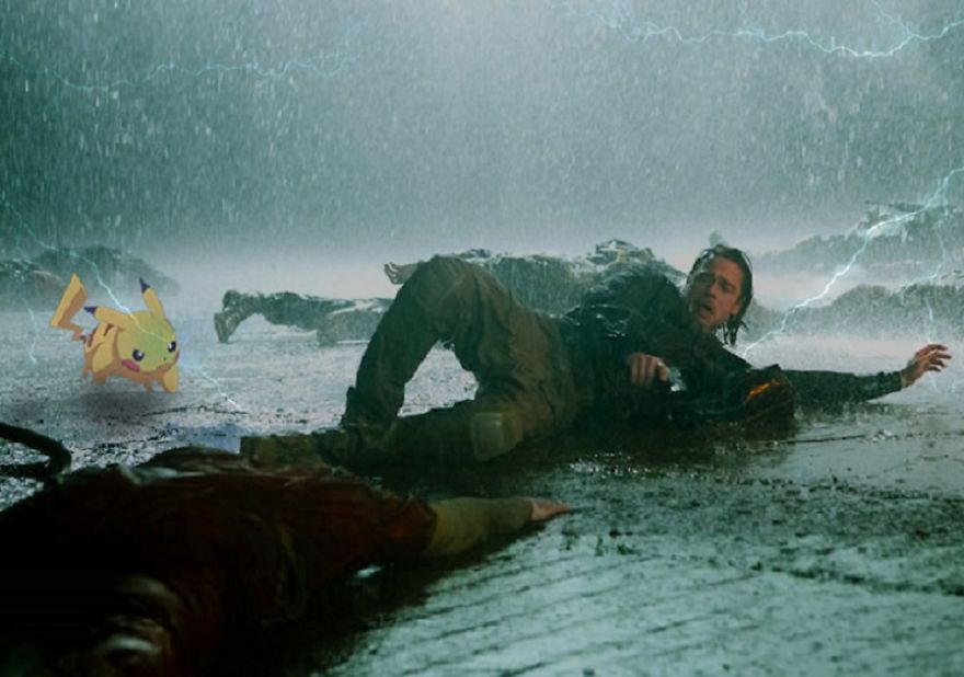 Pikachu in a dramatic rain-soaked movie scene with a lying actor, lightning in the background.