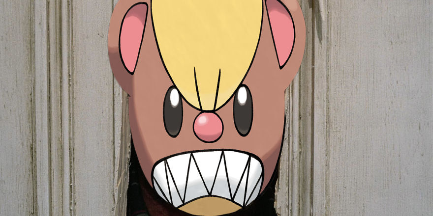 Pokemon character in a classic movie scene, peering through a broken door with a fierce expression.