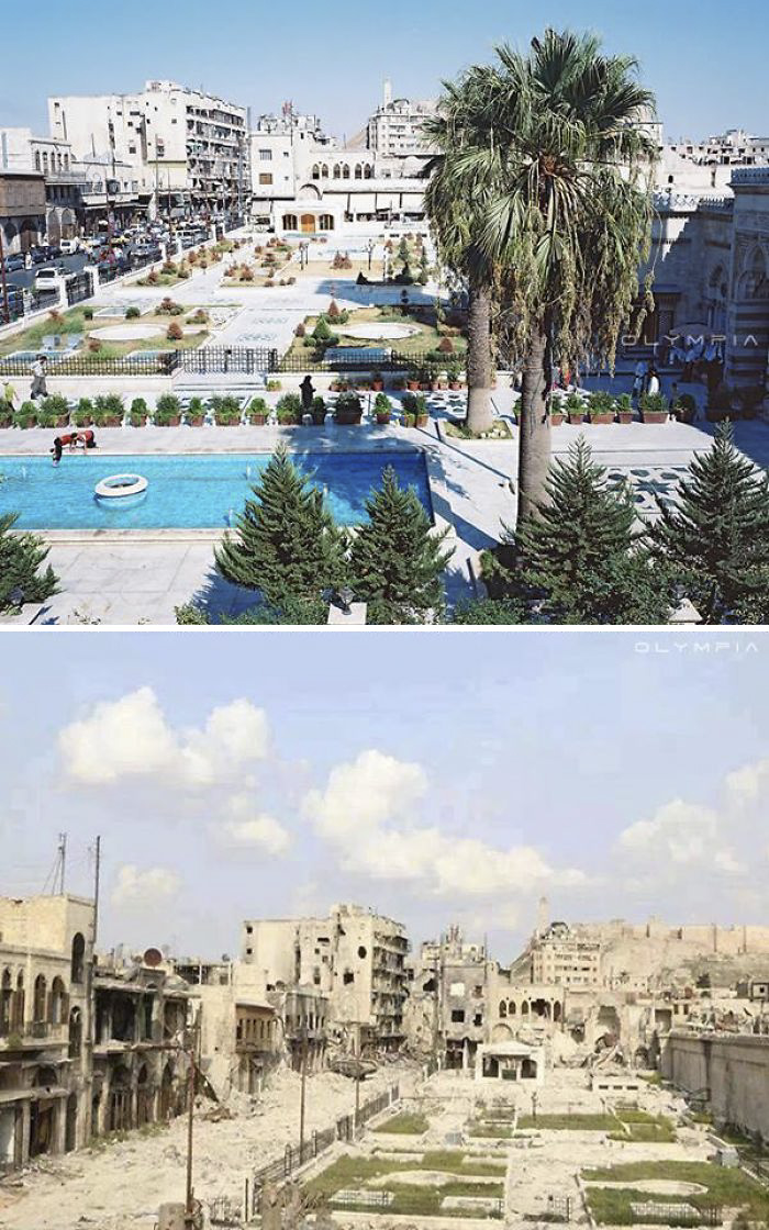 Before-and-after images showing war impact on Syria's largest city.
