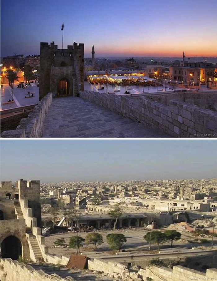 Before-and-after image showing war impact on Syria's largest city, with a vibrant night scene contrasted with a war-torn landscape.