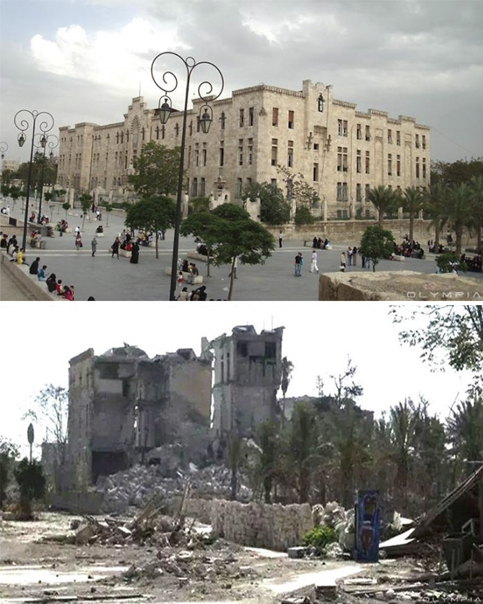 Before and after images of war impact on a historic building in Syria's largest city.