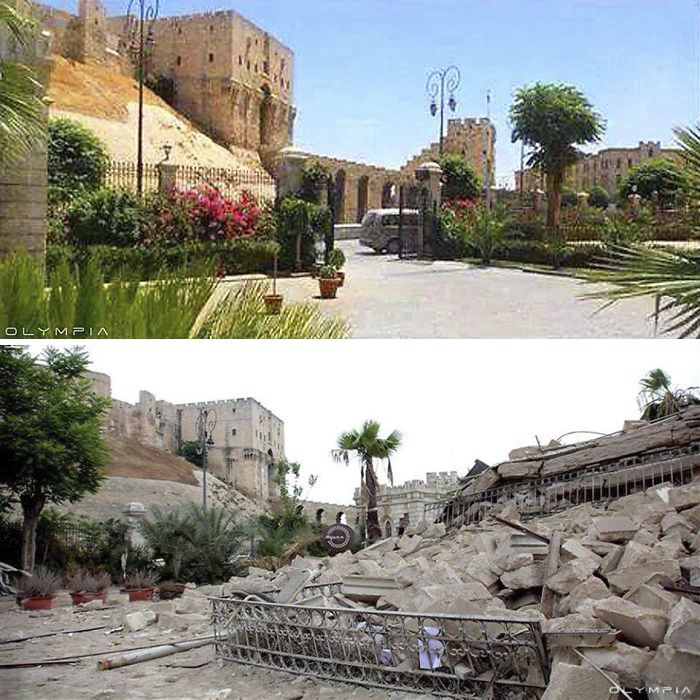 Before and after images showing war impact on the largest city in Syria, highlighting destruction and devastation.