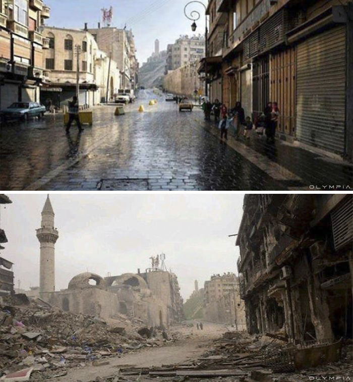 Before-and-after photos of war impact on Syria’s largest city, showing a bustling street transformed into ruins.