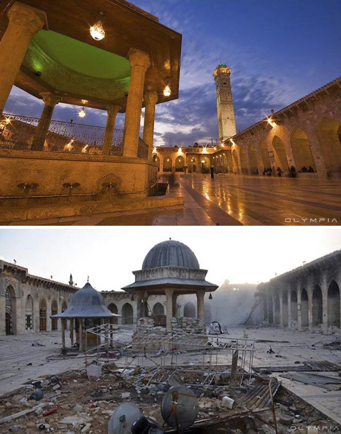 Before-and-after images showing war impact on Aleppo, Syria's largest city. Temple courtyard, pristine vs. destroyed.