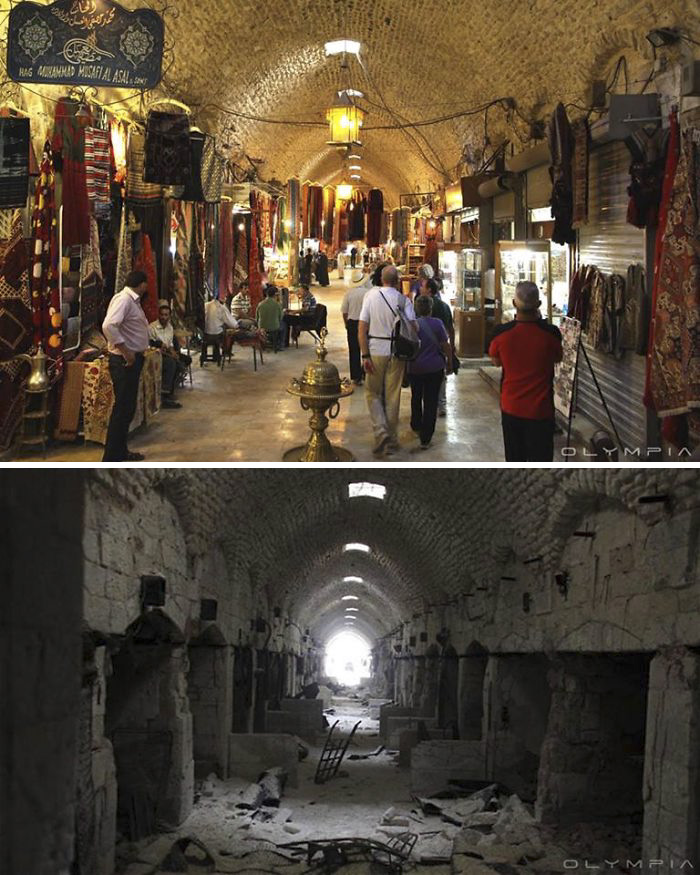 Before and after images of war impact on the largest city in Syria, showing a vibrant market and a damaged structure.