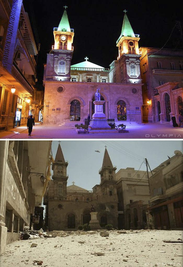 Before-and-after images show war damage to a historic building in Syria.