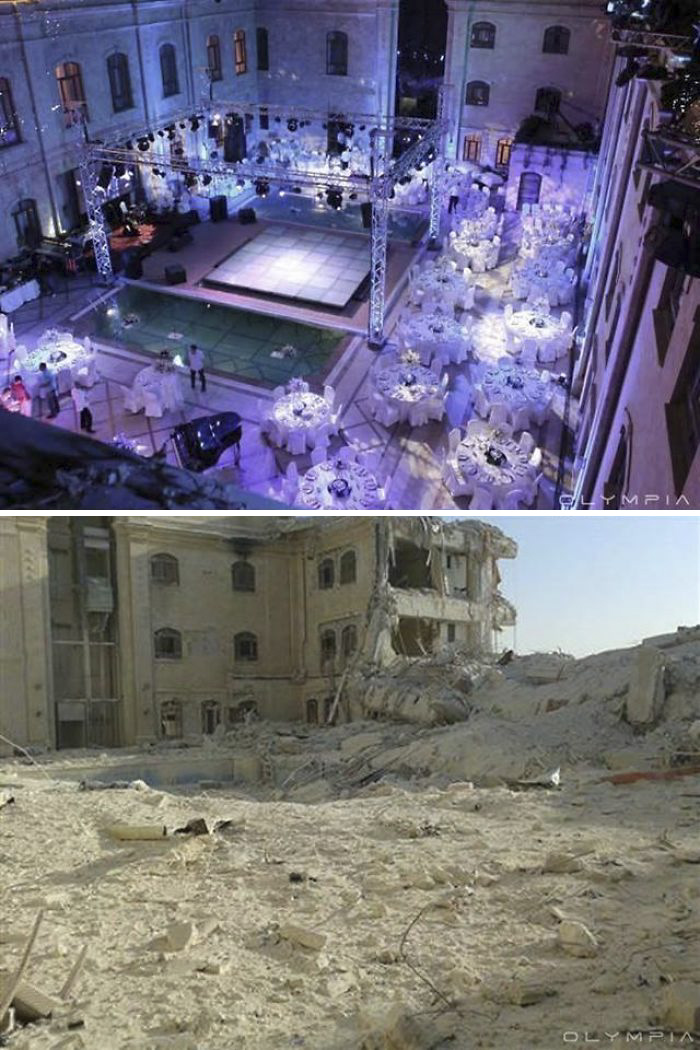 Before-and-after effects of war on the largest city in Syria, showing a once elegant venue now in ruins.