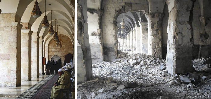 Before and after images show war damage in Syria's largest city, illustrating the impact on architecture and livelihoods.