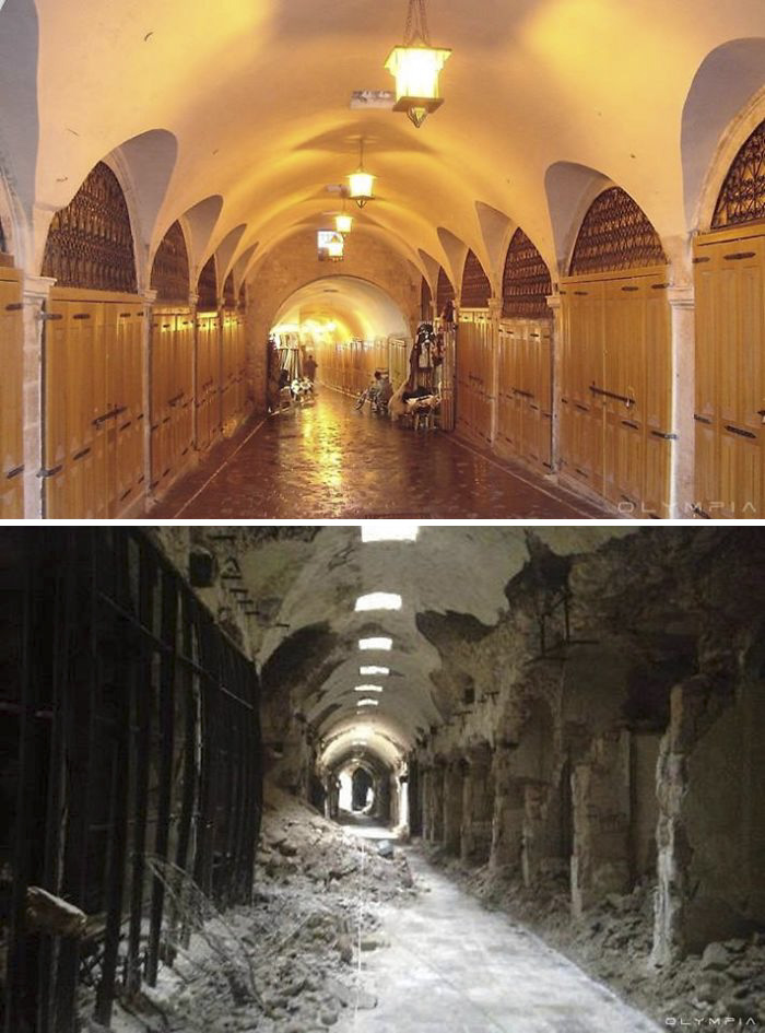 Before-and-after images of war damage in Syria's largest city hallway.