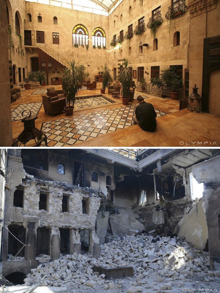 Before-and-after image of war impact on Syria's largest city, showing a once vibrant building now in ruins.