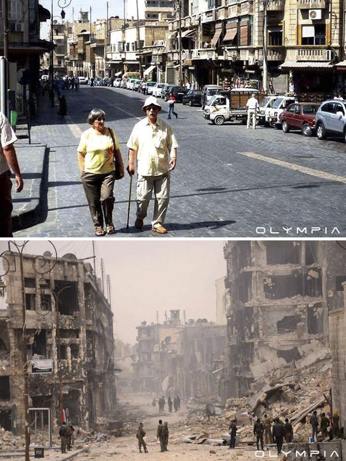 Before-and-after images show war's impact on Syria's largest city, with stark contrasts in cityscape and structure.