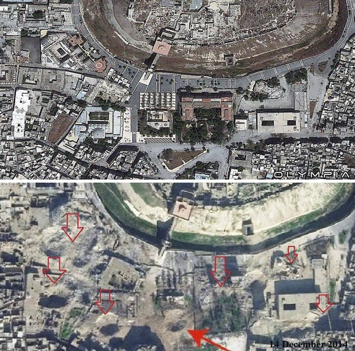 Before-and-after aerial view showing war impact on Syria's largest city.