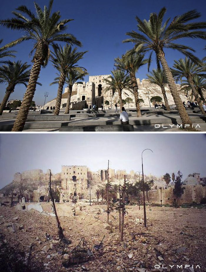 Before-and-after images showing war impact on the largest city in Syria, with destroyed landscapes and damaged buildings.