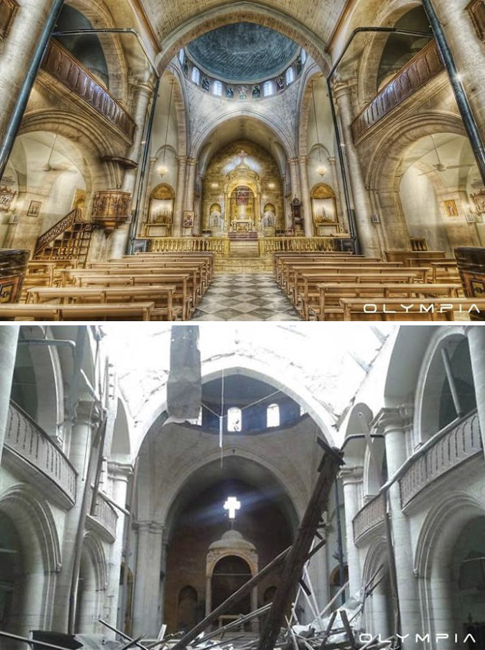 Before-and-after images show war impact on a church in Syria's largest city, highlighting significant destruction.